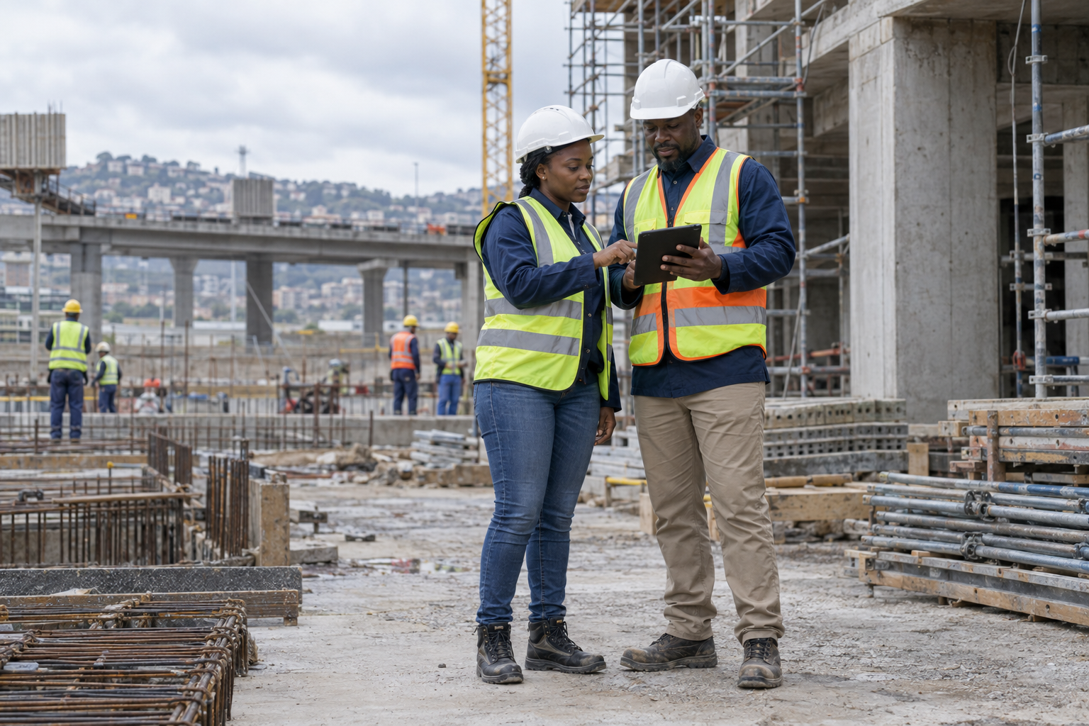 Quality consultant and construction site manager reviewing inspection evidence at a civil construction site