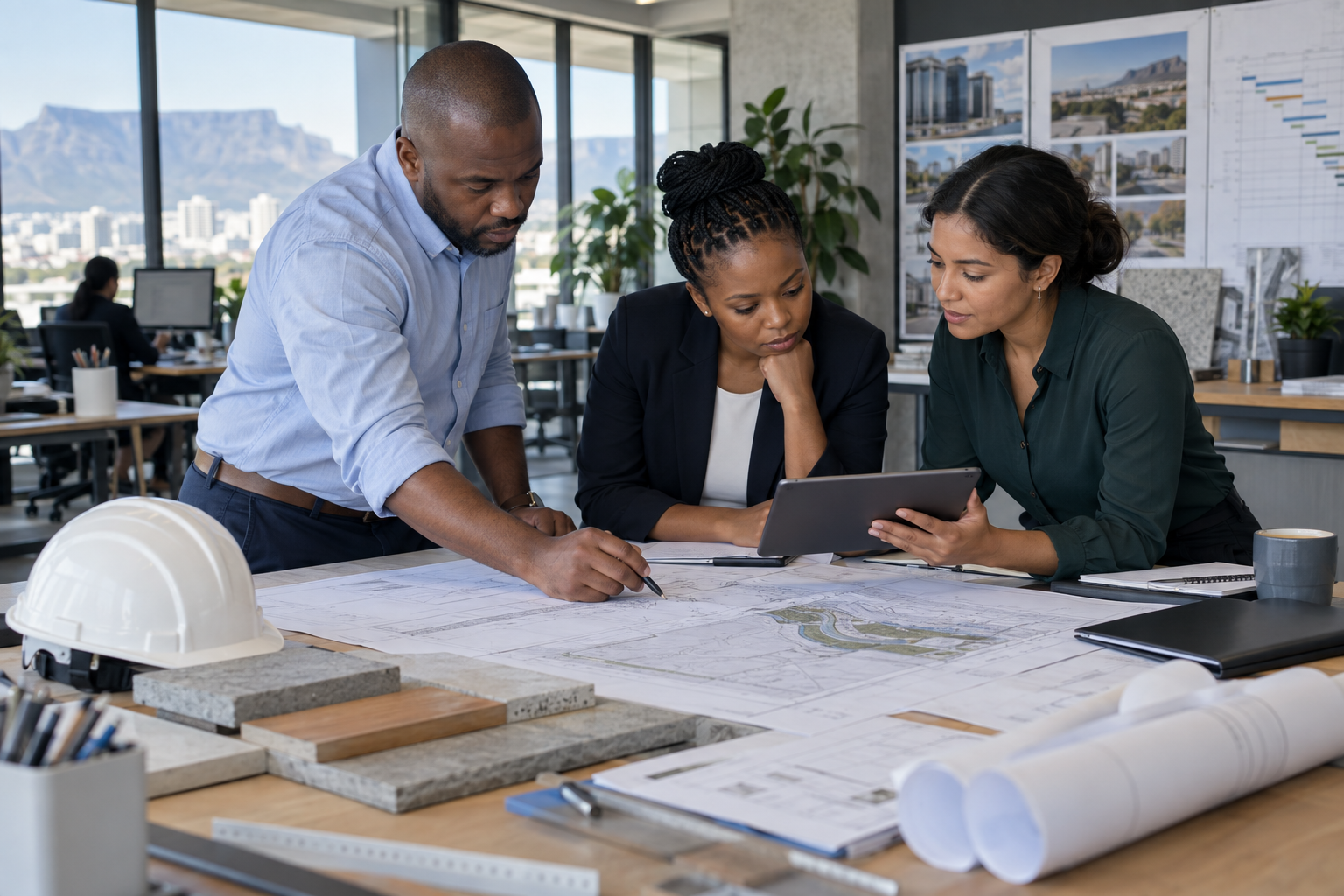 Engineering and quality team reviewing project drawings and controls in a design office