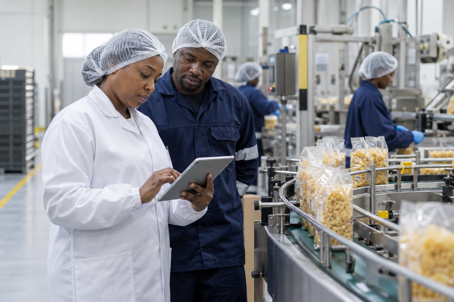 Quality professional and production supervisor reviewing inspection information beside a food-packaging line