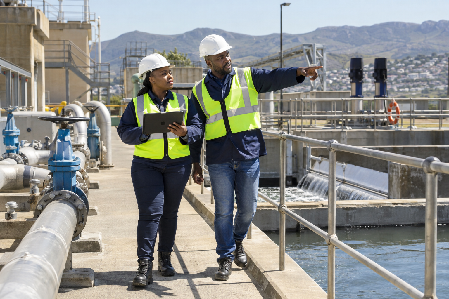 Quality auditor and supervisor inspecting a municipal water facility